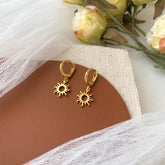 Gold Sun Charm Huggie Hoop Earrings - Sun Dangle Drop Earrings - Gold plated sun earrings